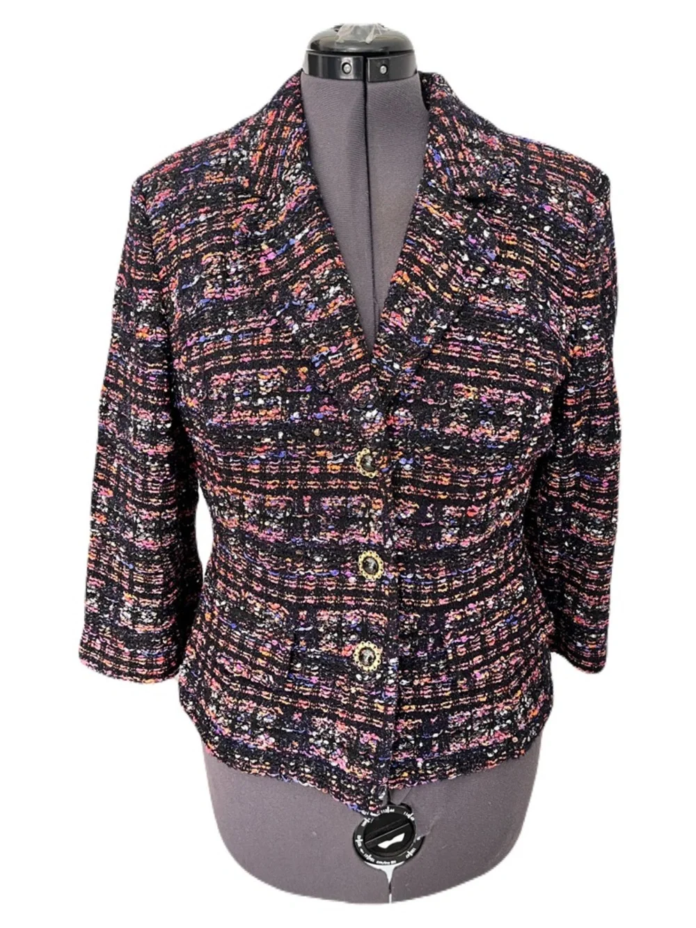 St. John Black Mulitcolor Tweed 3/4 Sleeve Blazer, Size 14
